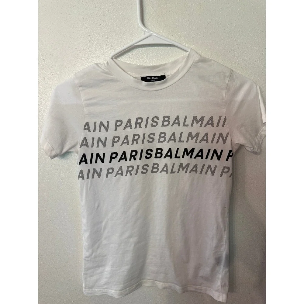 Balmain Paris Logo Graphic T Shirt White Short Sleeve Cotton KIDS